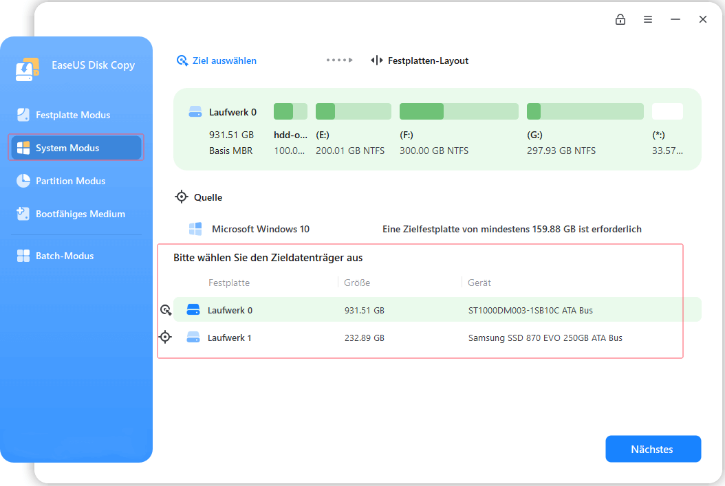 Das Ziellaufwerk auswählen.