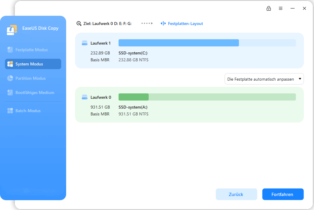 Das Ziellaufwerk auswählen.