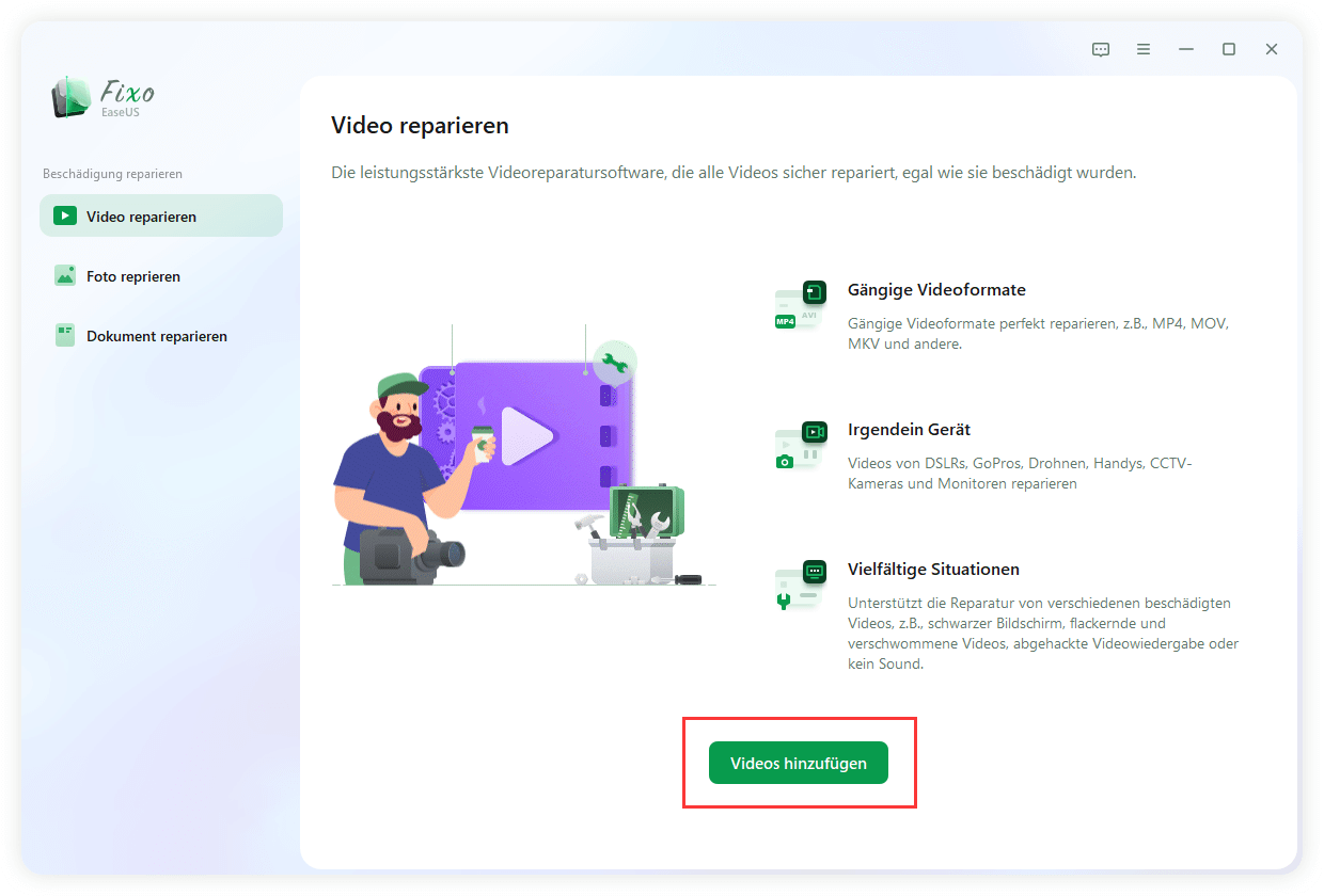 Videos zur Reparatur von Videos mit Fixo hinzufügen