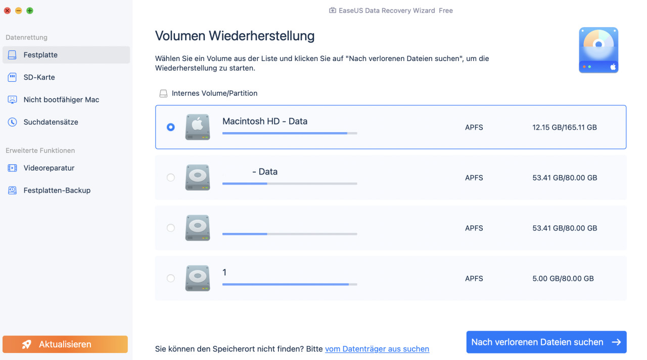 einen Speicherort auswählen und nach verlorenen Mac-Daten suchen