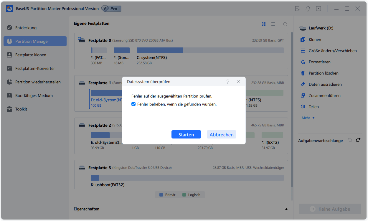 Fehler auf SD/USB/externen Festplatte überpüfen - Schritt 2