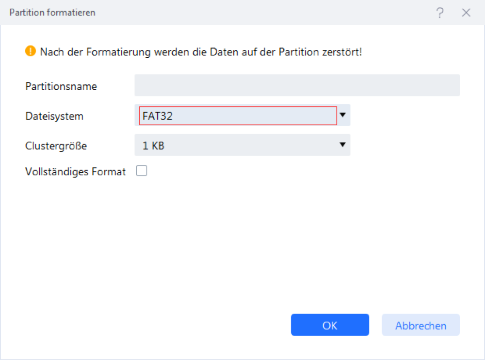 Formatieren der Festplattenpartition - Schritt 2