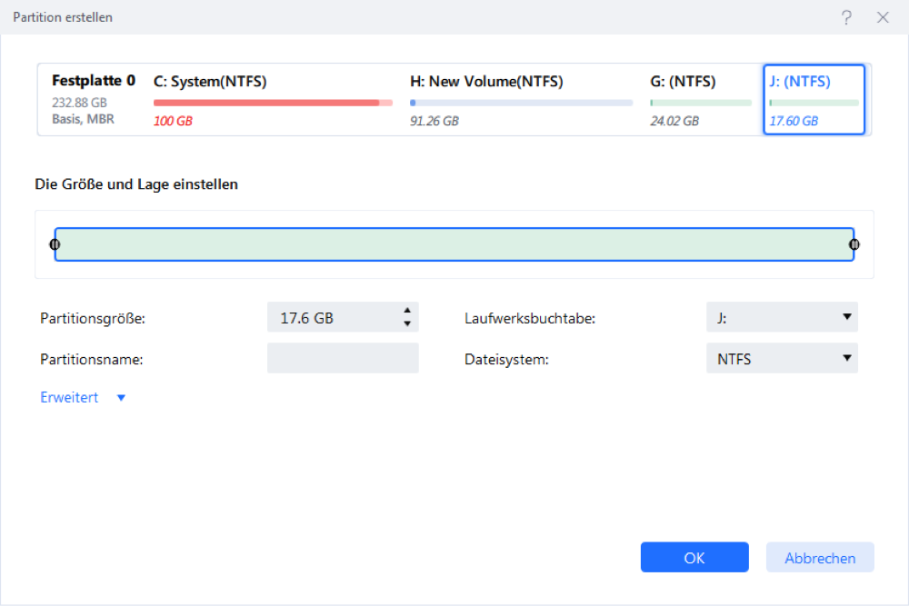 Partition Informationen einstellen