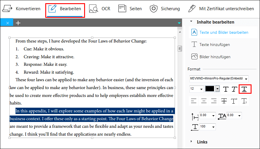 Ausgewählte Inhalte unterstreichn