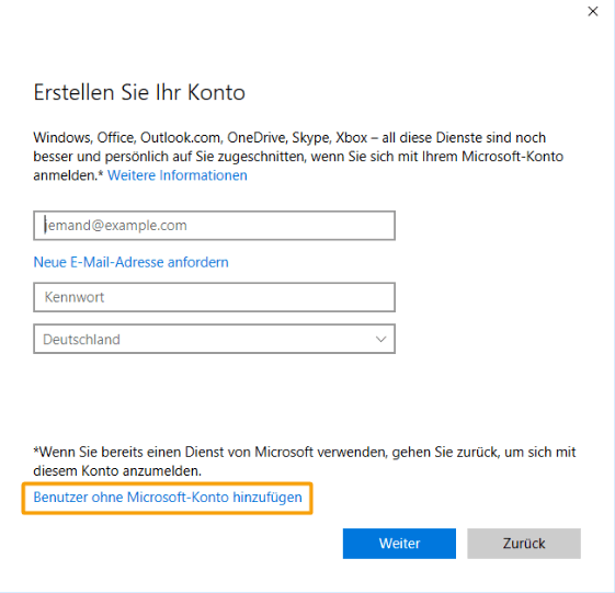Defektes Benutzerprofil unter Windows 10 reparieren: die Informationen eingeben.