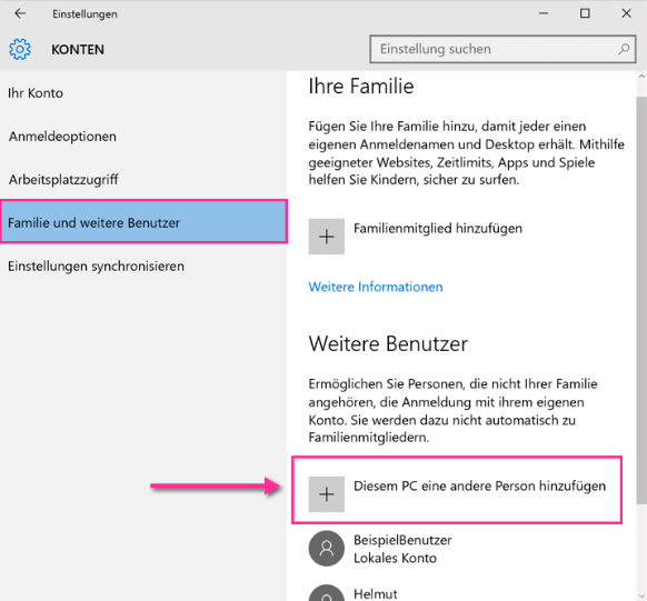 Diesem PC eine andere Person hinzufügen