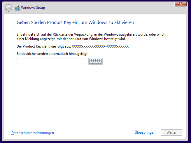 Lizenzcode bei Windows Installation eingeben.