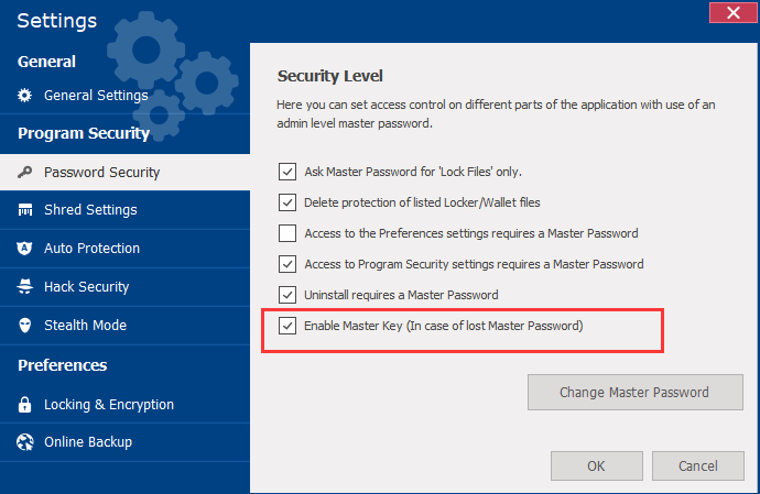 Hauptschlüssel in den Passwortsicherheitseinstellungen aktivieren