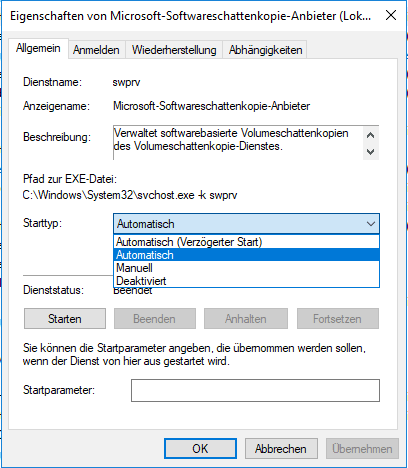 Aktivieren Sie den Volumen-Schattenkopiedienst, damit Ihr Windows wieder automatisch Wiederherstellungspunkte erstellen kann.