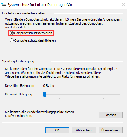 Wiederherstellungspunkte erstellen.