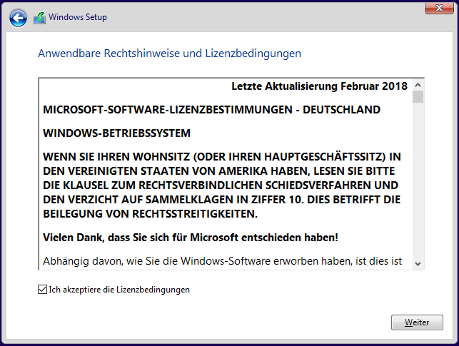 akzeptieren Sie die Lizenzbedingungen und klicken Sie auf Weiter
