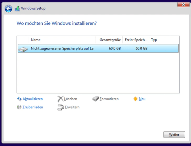 Formatieren mit Windows-Setup