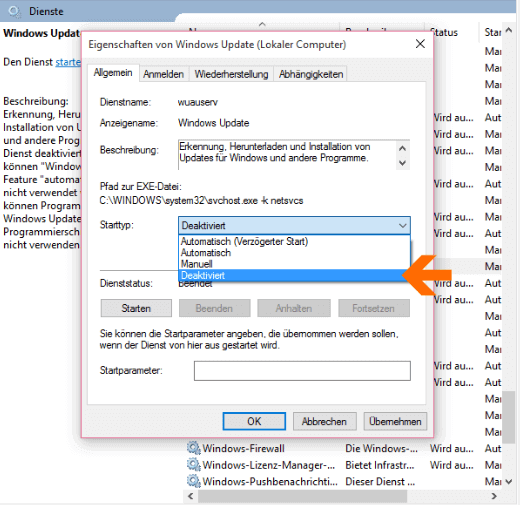 Das vorhergehende Windows 10 Update beenden: Windows Update deaktivieren.