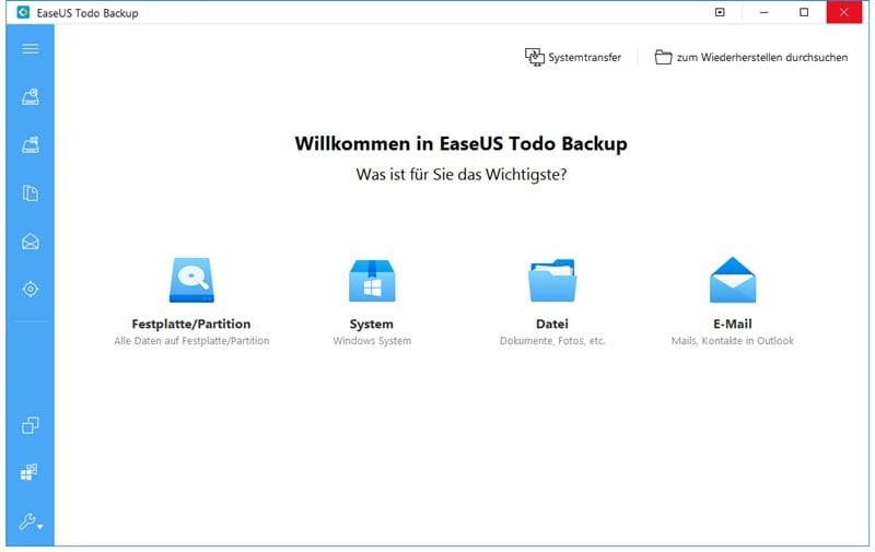 Hauptoberfläche von EaseUS Backup Software