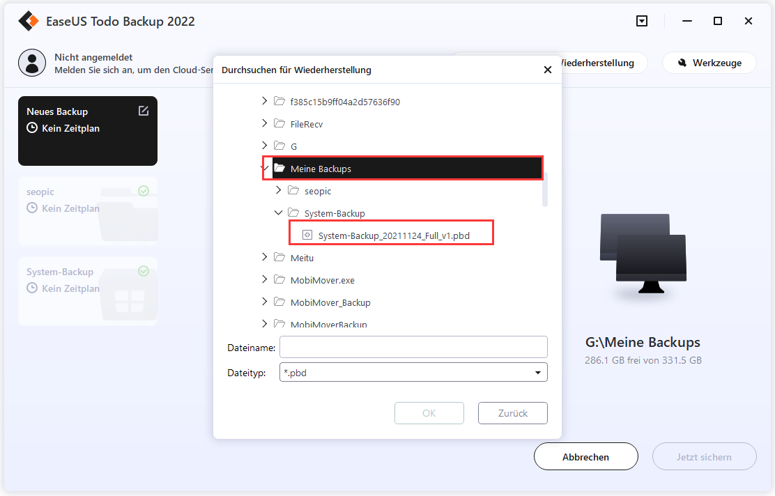 Die erstellte Image-Datei für den Systemtransfer auswählen