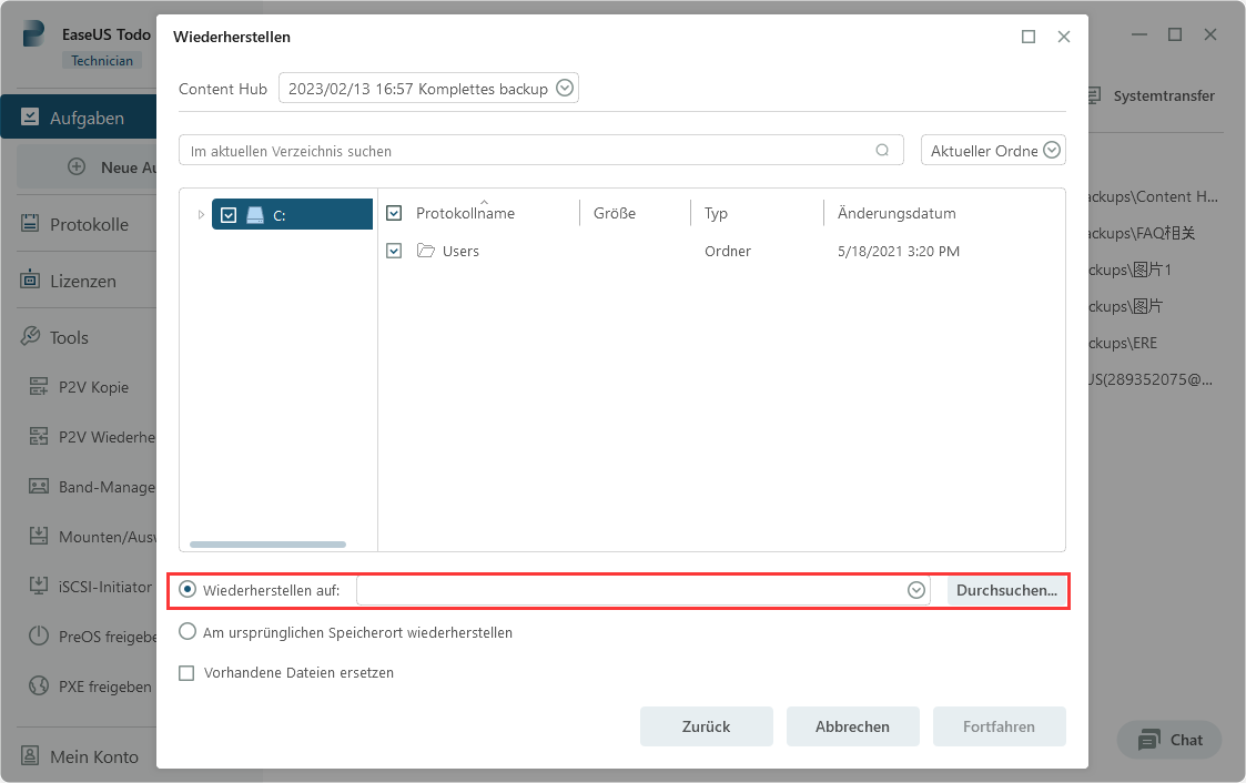 Den Ziel-Ort auswählen