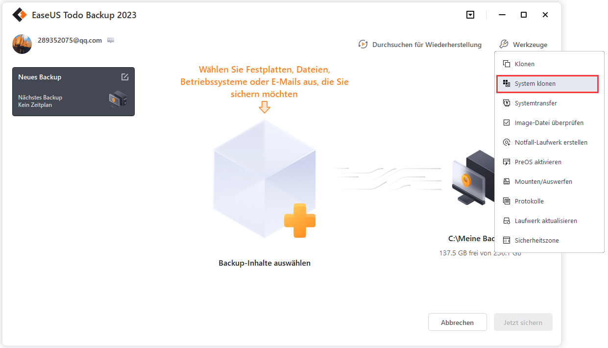 Choose system clone mode in EaseUS Todo Backup.