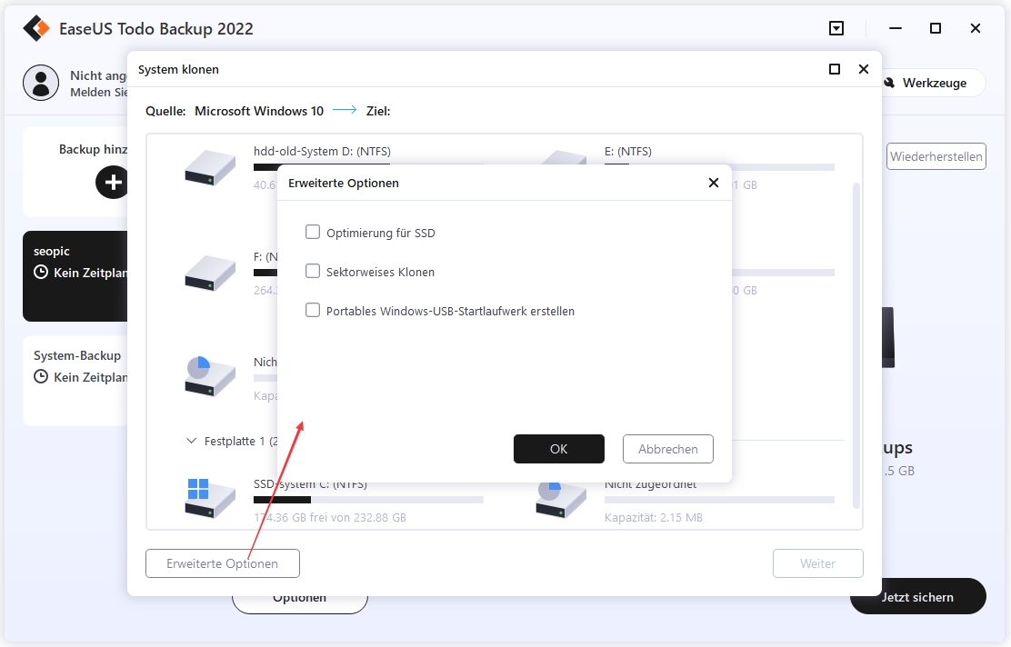 Windows auf Festplatte/SSD klonen - Ziellaufwerk auswähled und erweiterte Optionen einstellen