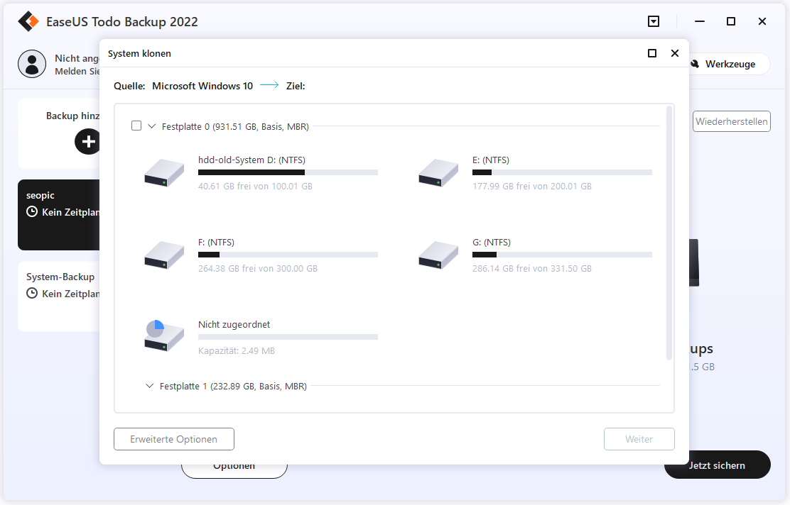 HDD oder SSD für das Klonen auswählen