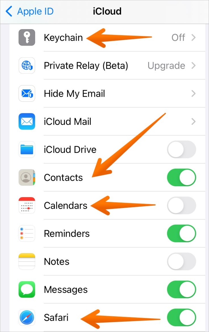 Schalten Sie Kontakte, Schlüsselbund, Kalender, Safari ein