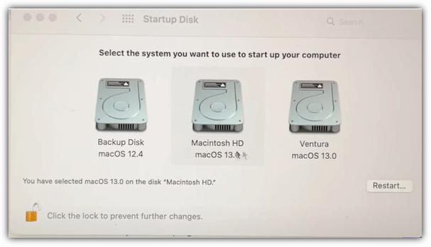 macOS Ventura und Monterey im Fenster für die Startdiskette wechseln