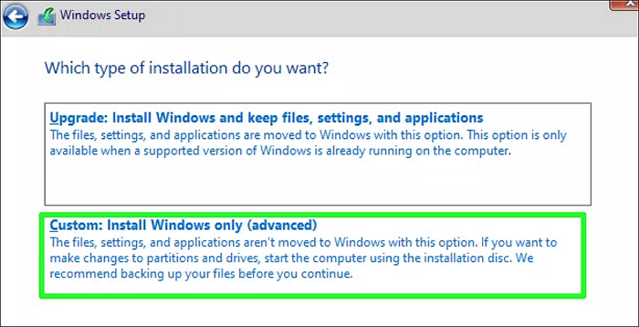 Benutzerdefinierte Installation wählen