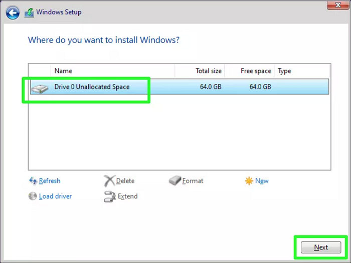 Laufwerk für die Installation auswählen