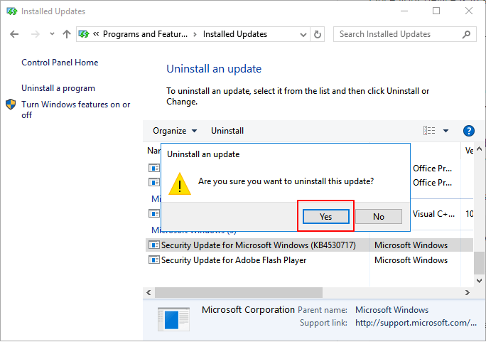 Bestätigen Sie, dass Sie Windows Update deinstallieren müssen, um BSOD zu beheben