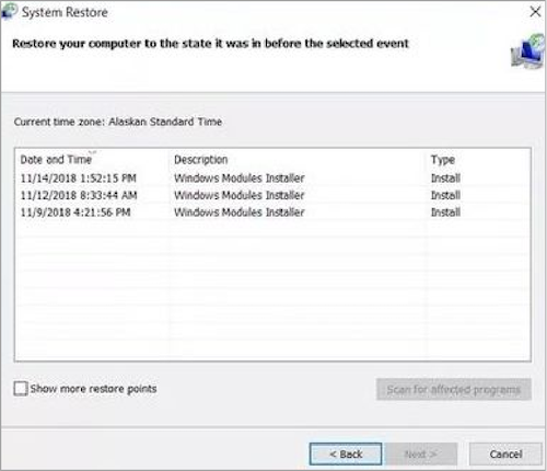 Wählen Sie den Systemwiederherstellungspunkt