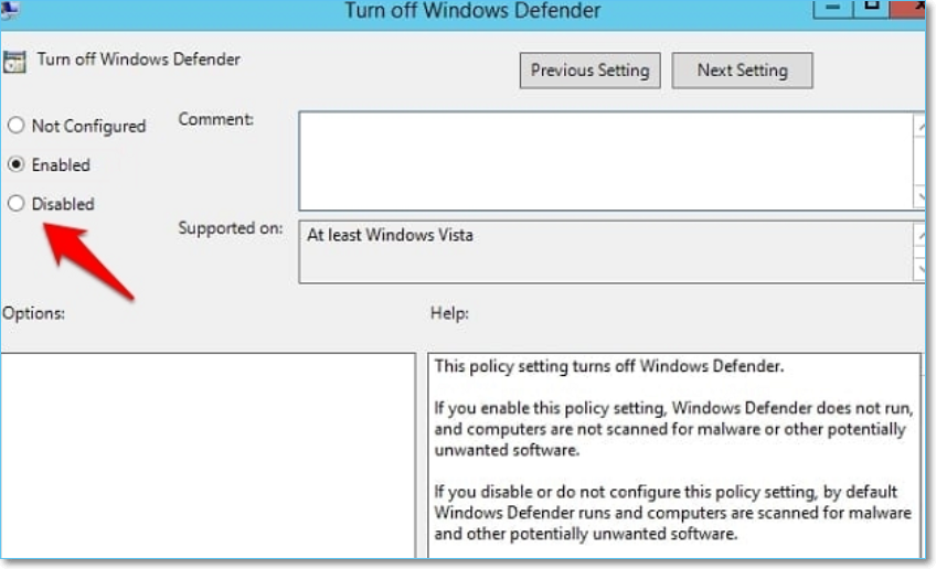 Wählen Sie die deaktivierte Option