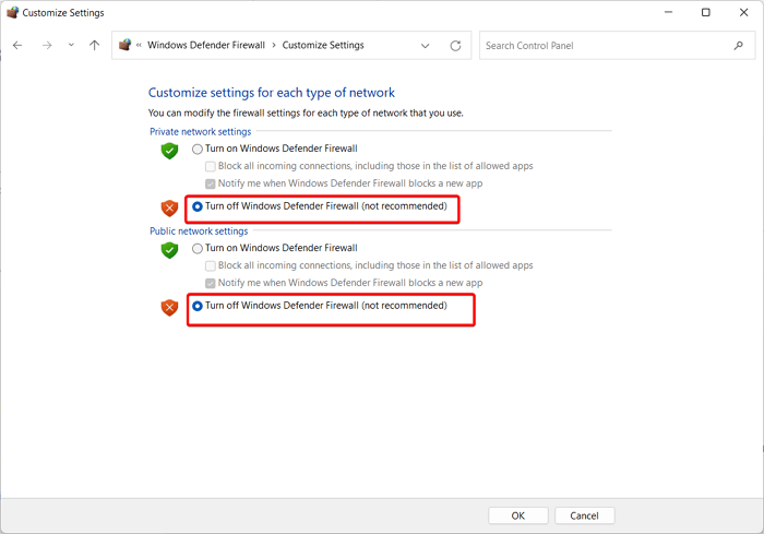 Deaktivieren der Windows Defender Firewall
