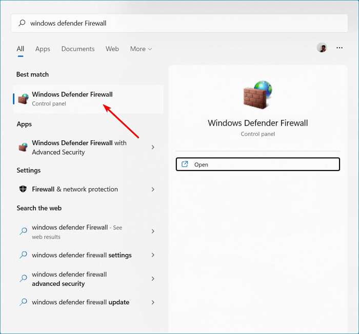 Suche nach der Windows Defender Firewall