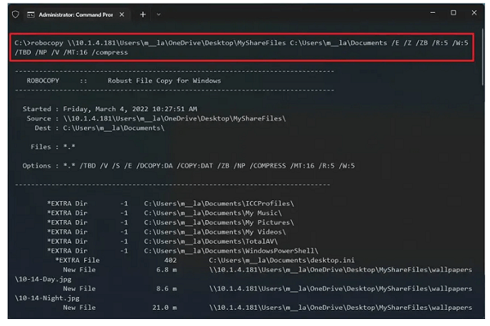 Veranschaulichung des Kopierens von Dateien unter Windows 11 mit dem Befehl Robocopy