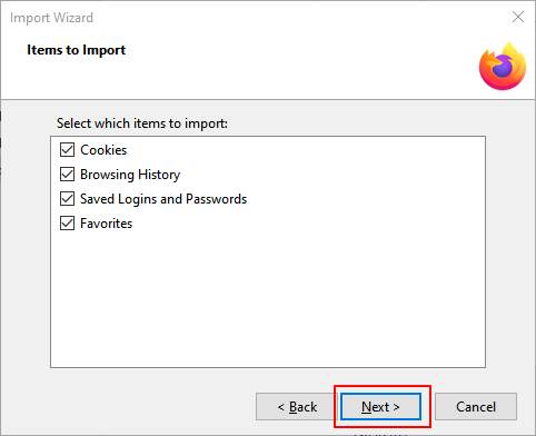 Wählen Sie die zu importierenden Elemente aus
