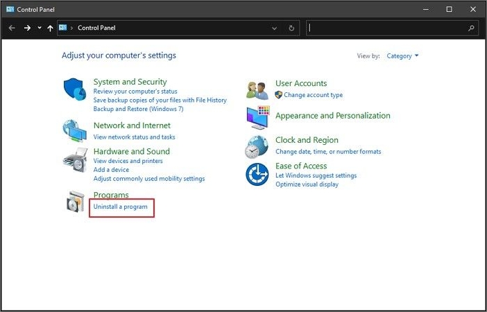 Tippen Sie auf eine Programmoption deinstallieren