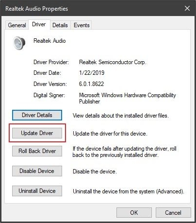 Tippen Sie auf die Schaltfläche Treiber aktualisieren