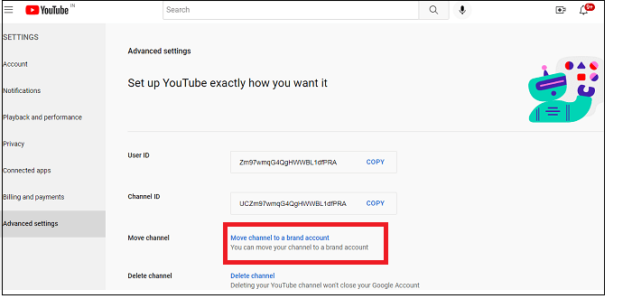 Verschieben des Kanals zu einem Markenkonto