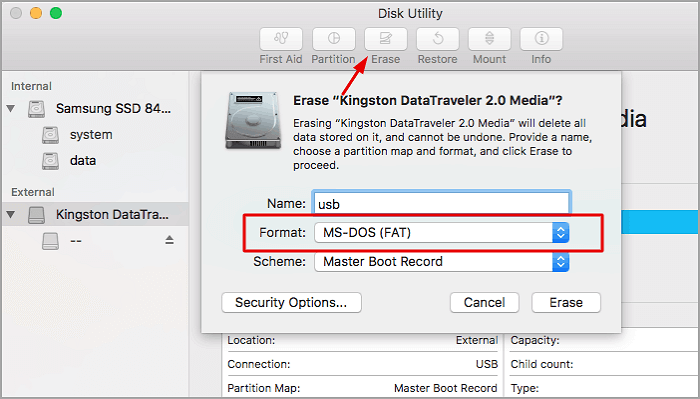 Klicken Sie auf Löschen und wählen Sie Format
